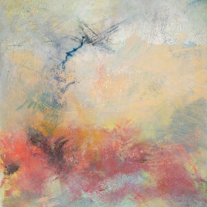 Abstract painting of dark blue lightning streaking into a red, light blue, and tan cloud of fog