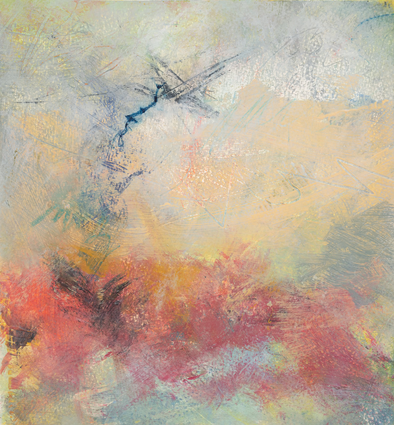 Abstract painting of dark blue lightning streaking into a red, light blue, and tan cloud of fog