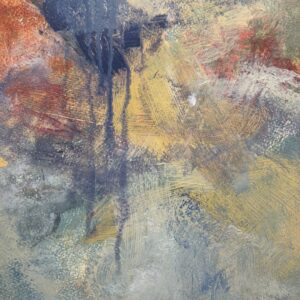 Abstract painting of a dark blue cloud of paint dripping into a red and orange landscape, in the same palette as Blue Lightning