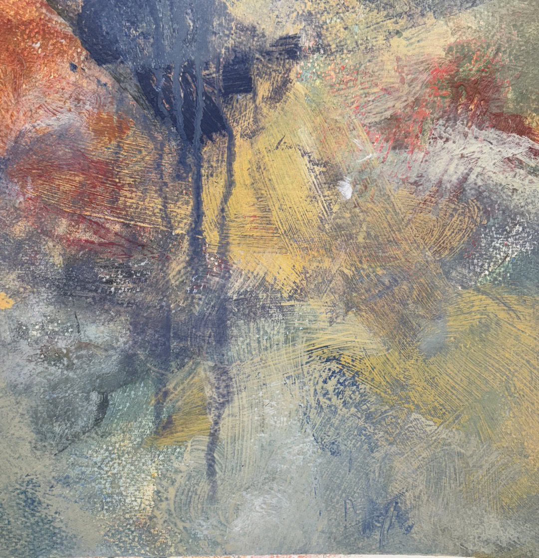 Abstract painting of a dark blue cloud of paint dripping into a red and orange landscape, in the same palette as Blue Lightning