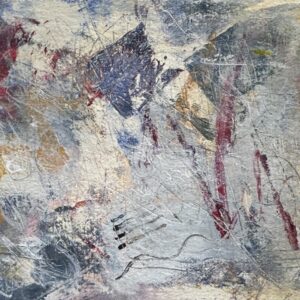 Abstract painting of blue and gray mountains in the background with red marks falling into the foreground, horizontal marks sweeping diagonally across the bottom