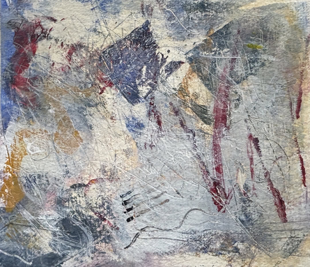Abstract painting of blue and gray mountains in the background with red marks falling into the foreground, horizontal marks sweeping diagonally across the bottom