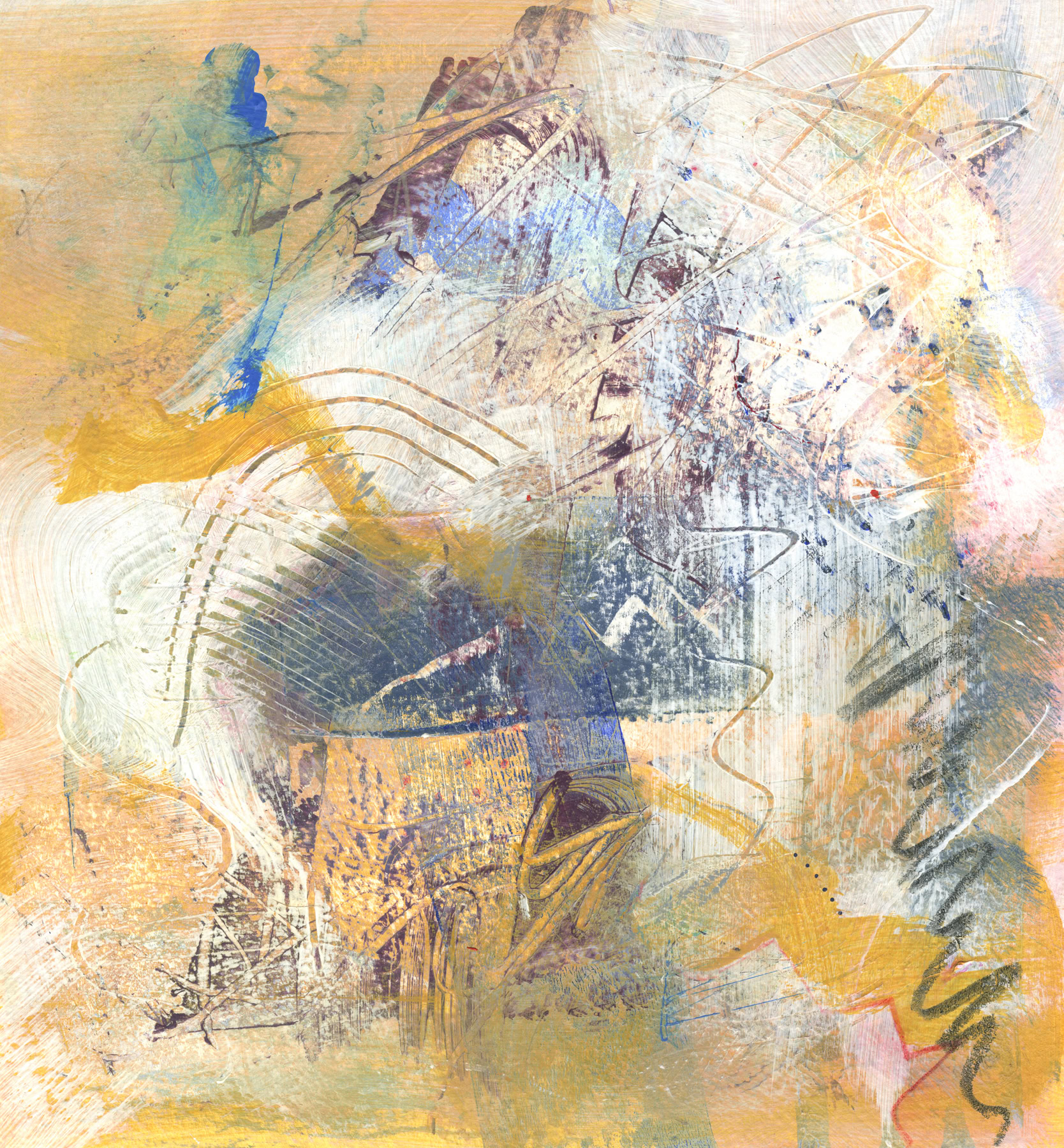 Abstract painting of tan, white, maroon, and dark blue swirls dancing together in a dreamlike state