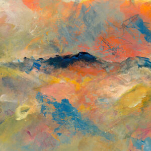 Reiki-charged abstract painting of a dark blue mountainscape surrounded by bold swirls of orange, blue, yellow, and green, with abstract marks suggesting loud booms or vibrations emanating from the mountain