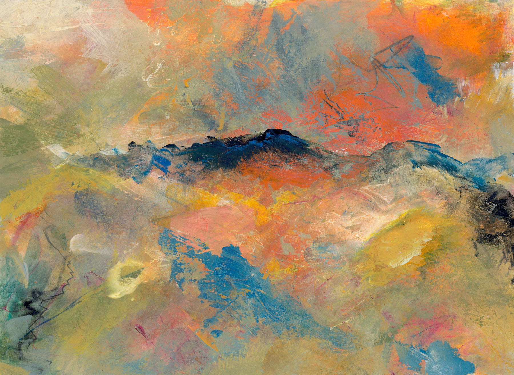 Reiki-charged abstract painting of a dark blue mountainscape surrounded by bold swirls of orange, blue, yellow, and green, with abstract marks suggesting loud booms or vibrations emanating from the mountain