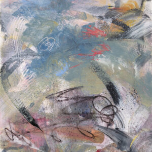 Reiki-charged abstract painting depicting the Cho Ku Rei symbol for amplifying energy as a red swirl rising into a blue sky from charcoal and red earth below