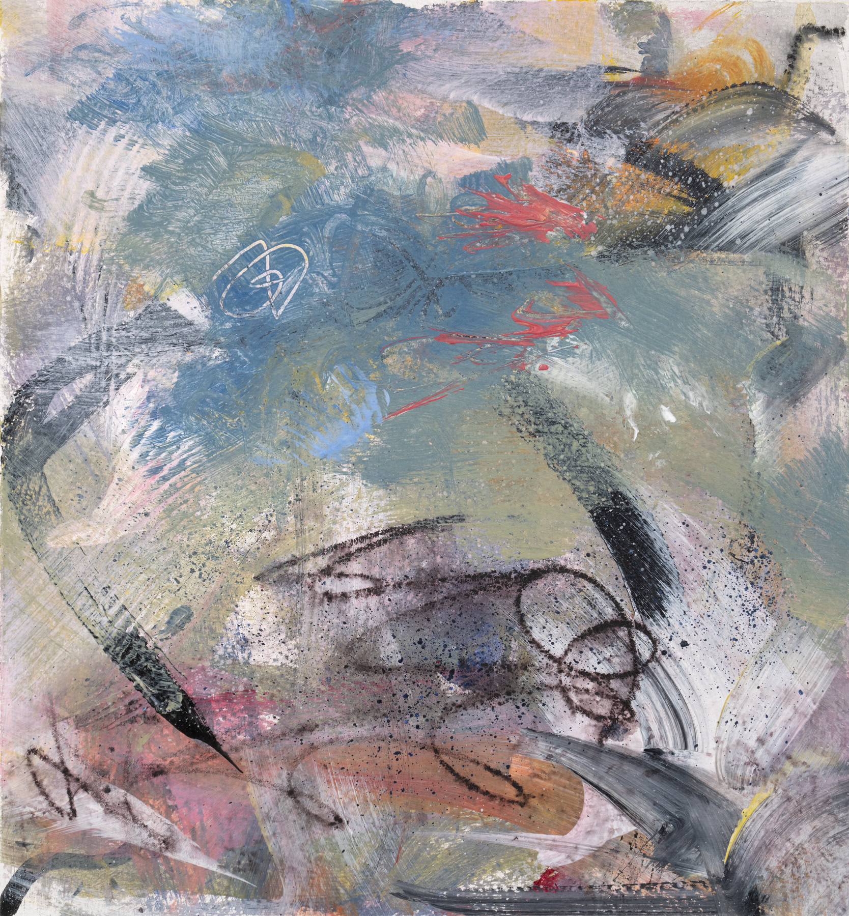 Reiki-charged abstract painting depicting the Cho Ku Rei symbol for amplifying energy as a red swirl rising into a blue sky from charcoal and red earth below