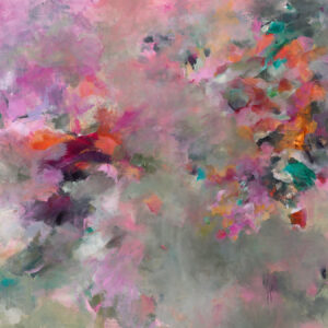 Reiki-charged large canvas abstract in pink, magenta, teal, and gray, formless brushwork gradually resolving into tighter shapes like a field coming into blossom