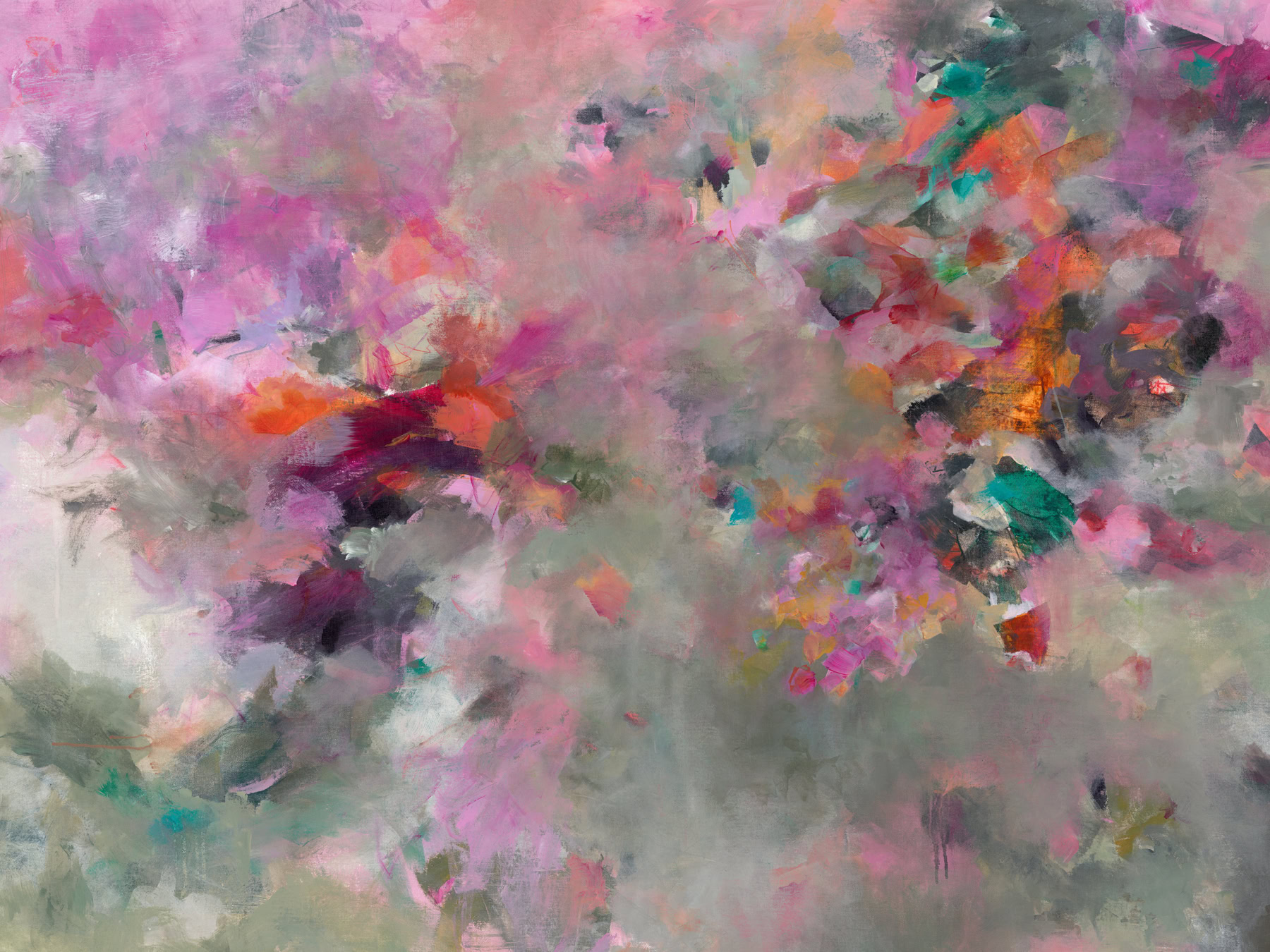 Reiki-charged large canvas abstract in pink, magenta, teal, and gray, formless brushwork gradually resolving into tighter shapes like a field coming into blossom