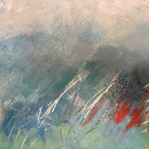 Abstract painting of a blue and green field under a foggy sky, red and white grass glistening in the sun