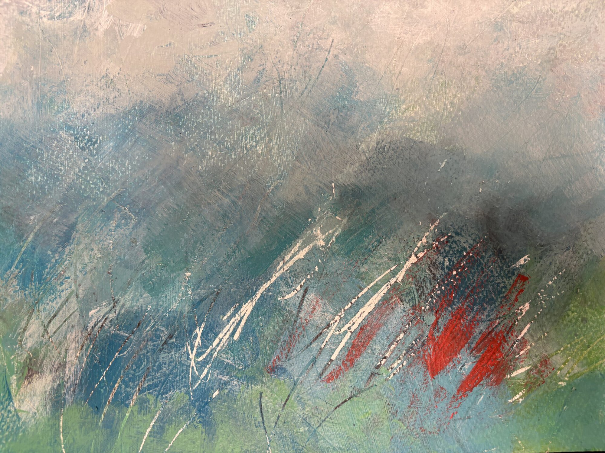 Abstract painting of a blue and green field under a foggy sky, red and white grass glistening in the sun