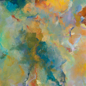 Abstract painting from the Language of Air series, golden splashes of color entering a bright blue and green sky