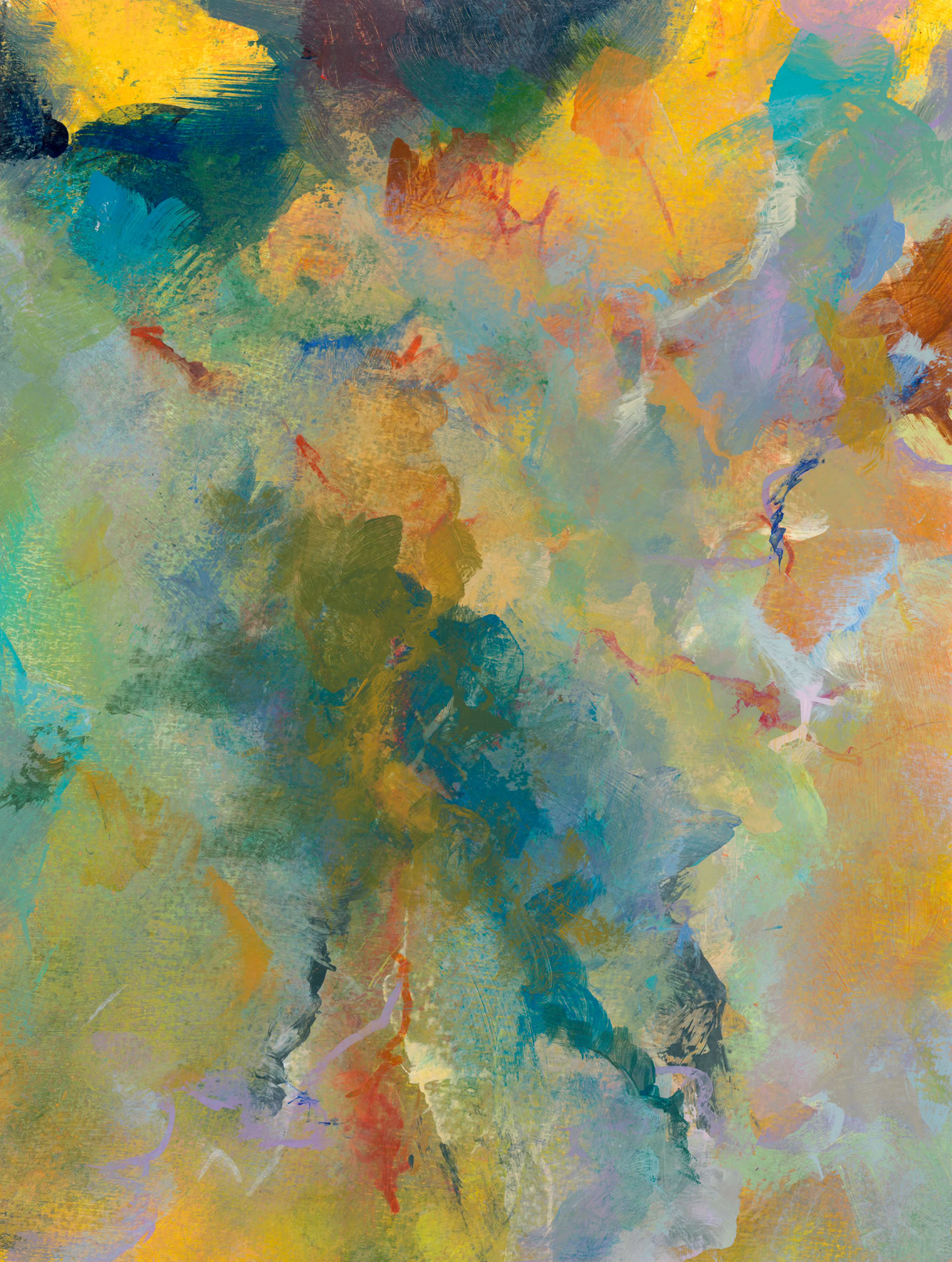 Abstract painting from the Language of Air series, golden splashes of color entering a bright blue and green sky