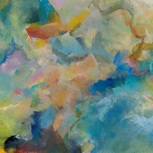 Abstract painting from the Language of Air series, golden brown swaths of color mixing with blues and greens showing movement in all directions