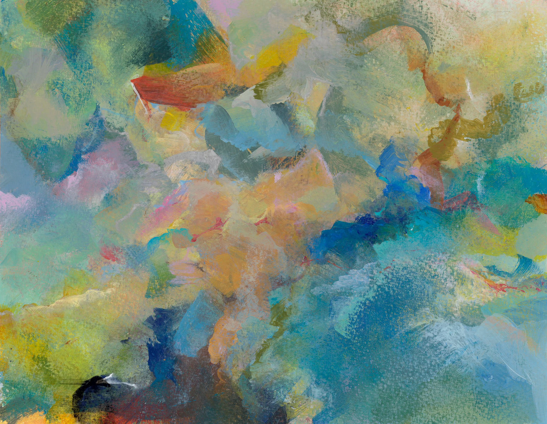 Abstract painting from the Language of Air series, golden brown swaths of color mixing with blues and greens showing movement in all directions