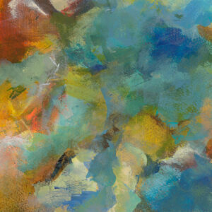 Abstract painting from the Language of Air series, oranges, dark reds, and browns at the edges of a blue-green field of air
