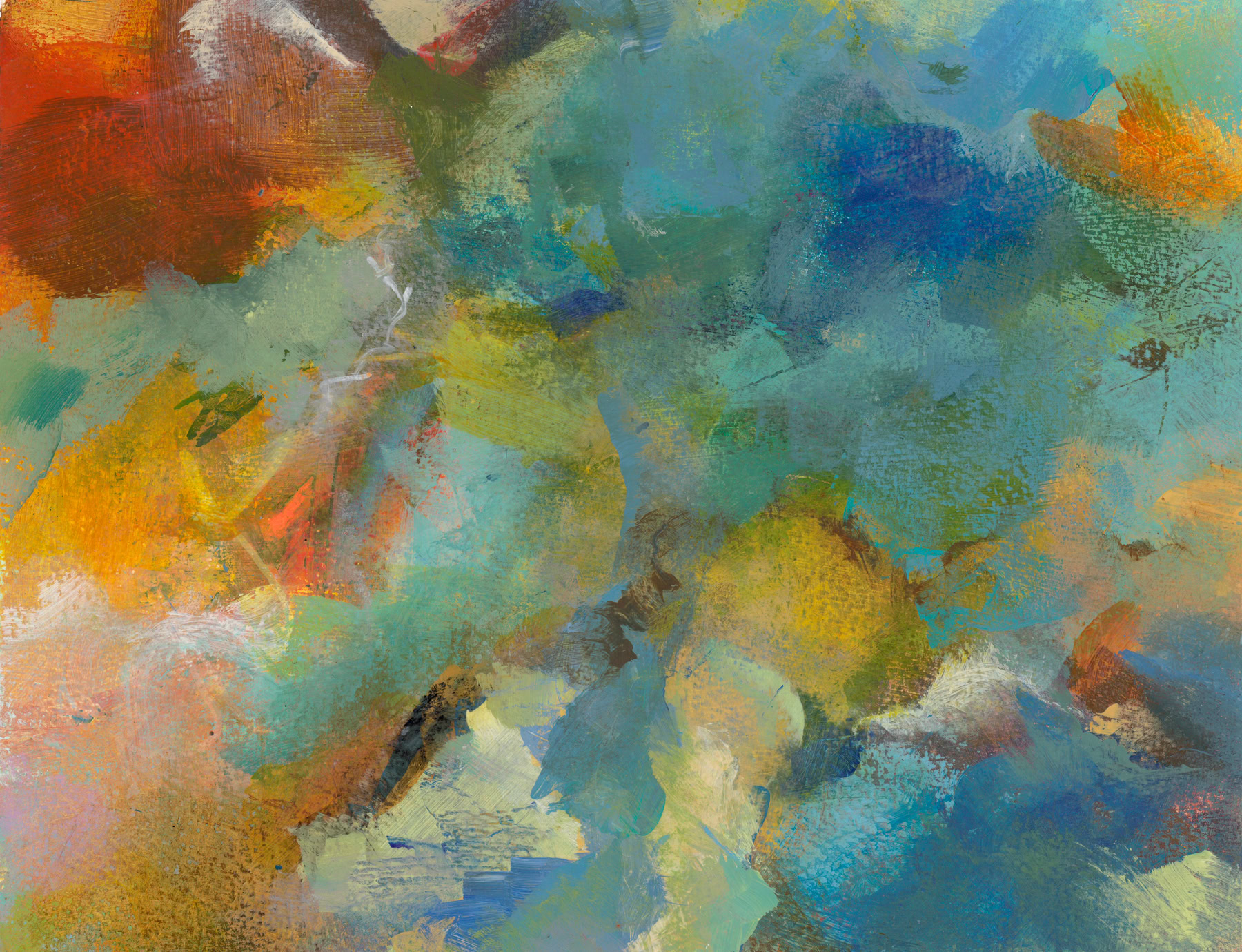 Abstract painting from the Language of Air series, oranges, dark reds, and browns at the edges of a blue-green field of air