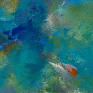 Abstract painting from the Language of Air series, rich dark blues hovering into green with a whispering splash of red and white