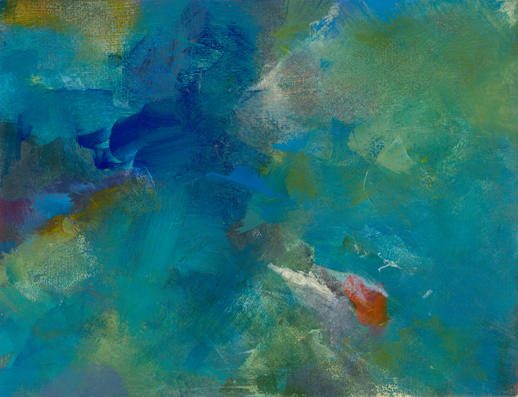 Abstract painting from the Language of Air series, rich dark blues hovering into green with a whispering splash of red and white