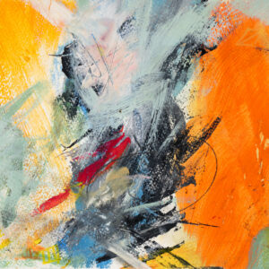 Abstract painting of a black and gray column resembling the core of a tornado at center, surrounded by bright orange like fire