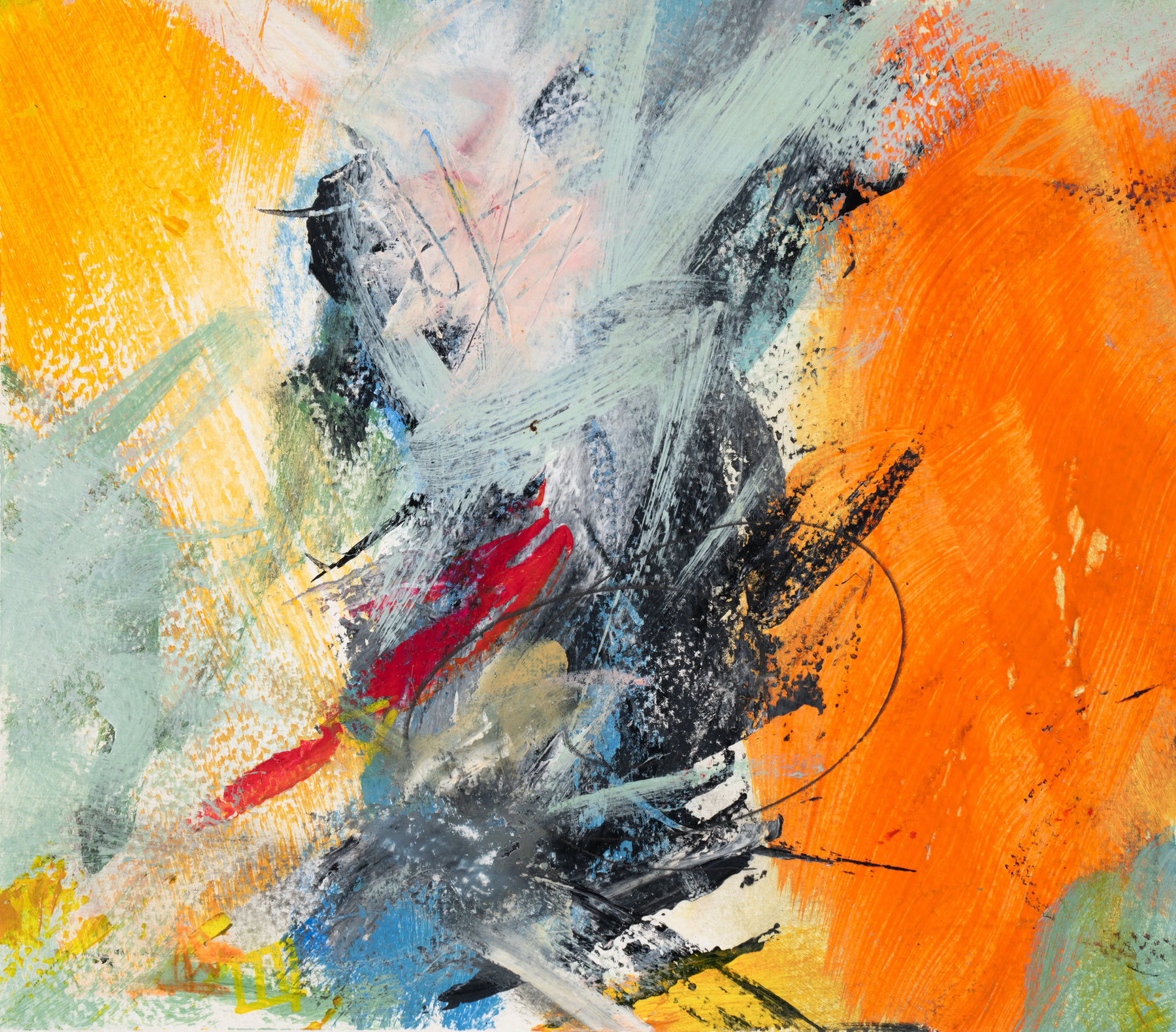Abstract painting of a black and gray column resembling the core of a tornado at center, surrounded by bright orange like fire