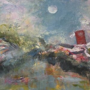 Reiki-charged abstract painting of calm water and storm debris at dawn, a moon overlooking the shadowed silhouette of a home with a red door, layered with paper affirmations of healing and rebirth