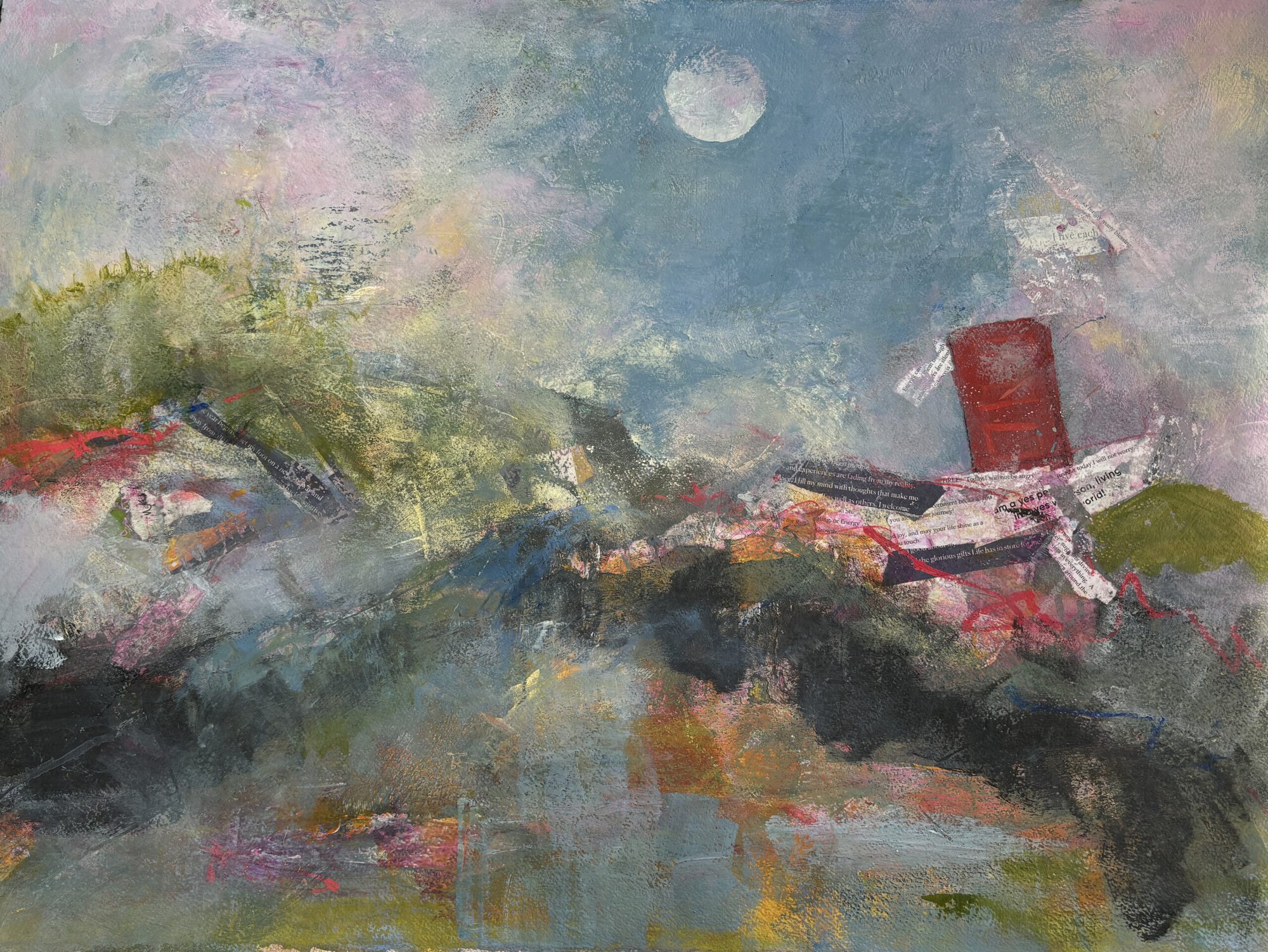 Reiki-charged abstract painting of calm water and storm debris at dawn, a moon overlooking the shadowed silhouette of a home with a red door, layered with paper affirmations of healing and rebirth