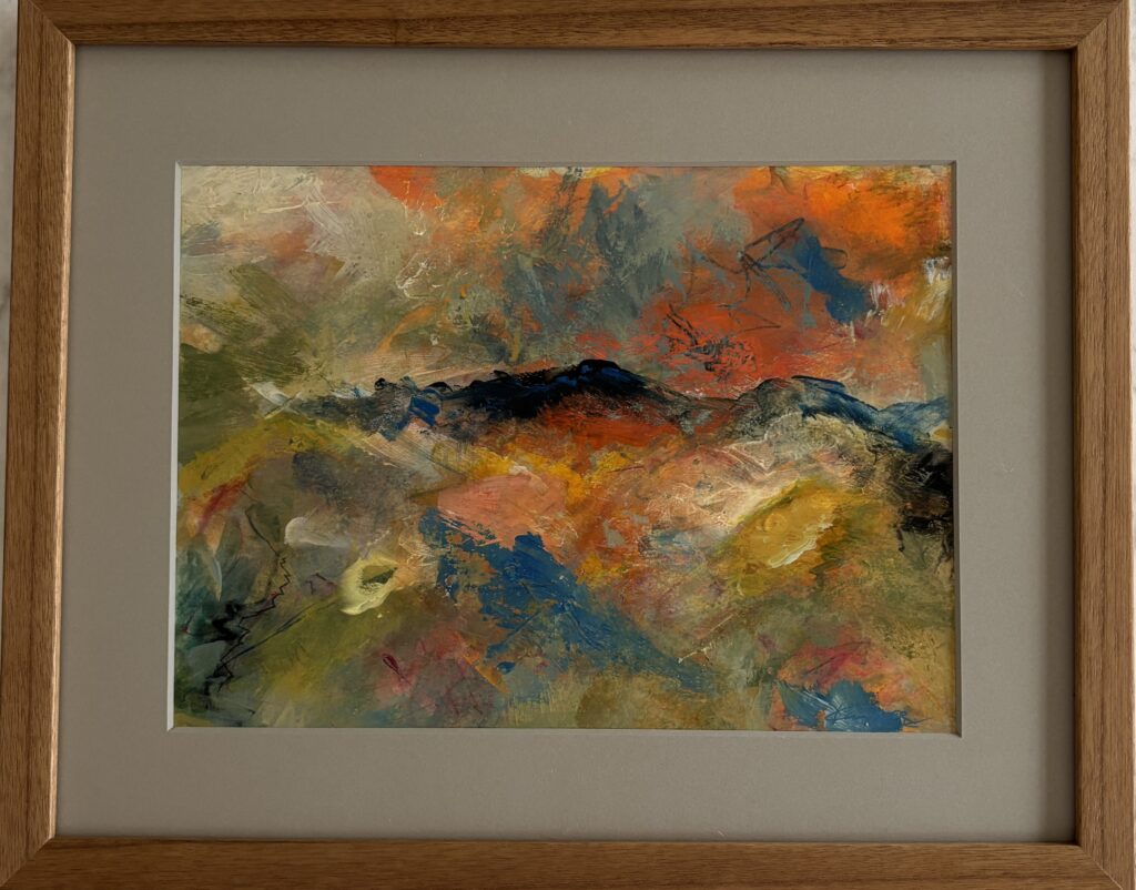And Then the Mountain Spoke, original abstract acrylic painting by Kim McCauley, shown framed with a gray mat and wood frame