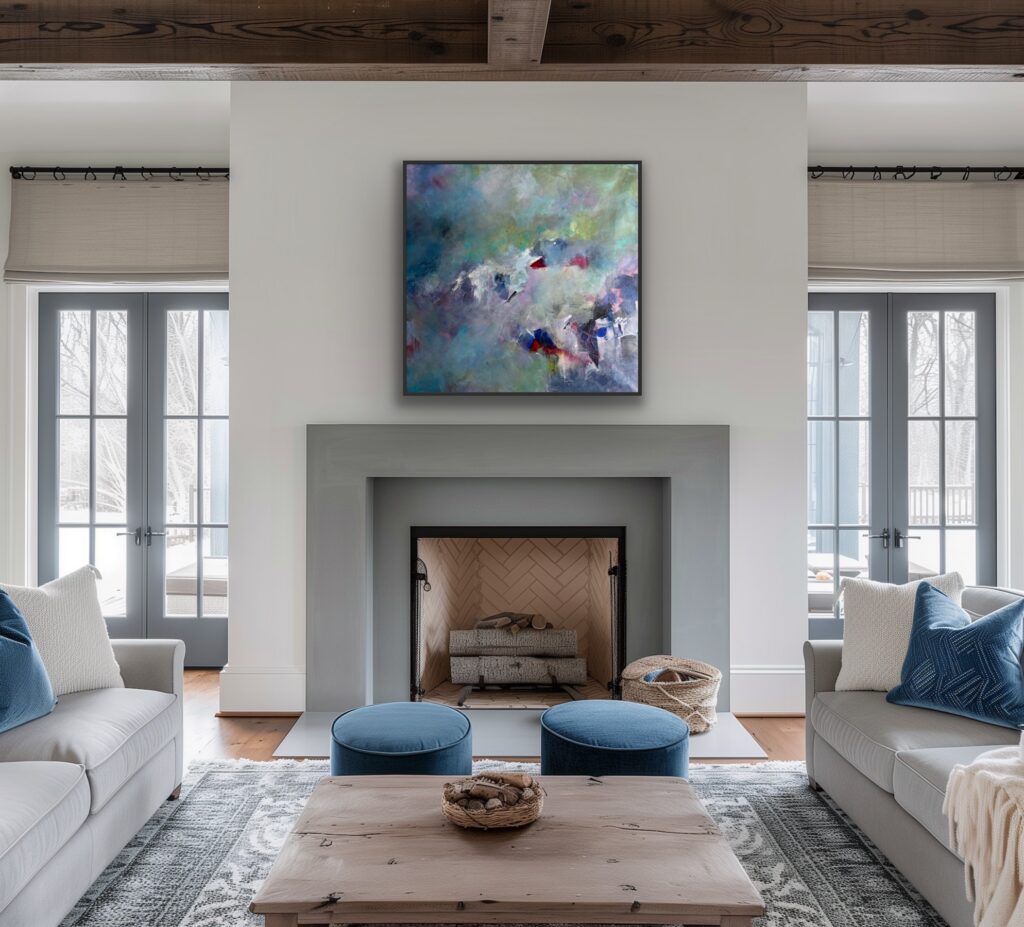 The 38x38" painting, The Moment she Knew, is featured over a fireplace in a modern living room.