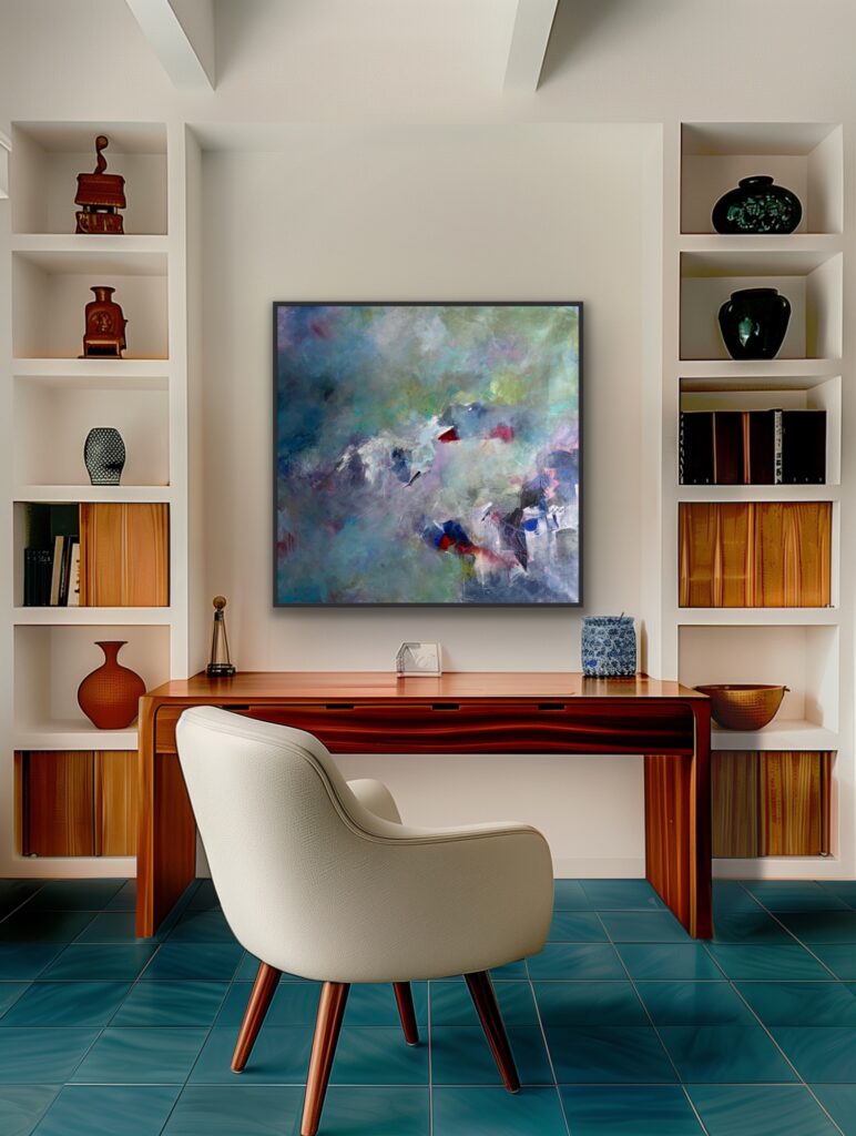 38x38" painting featured over a desk, painting titled "The Moment She Knew."